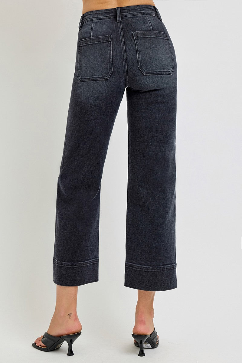 High Rise Crop Wide Jeans in washed black