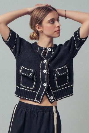 Short Sleeve Cardigan With Stitch Look Pattern