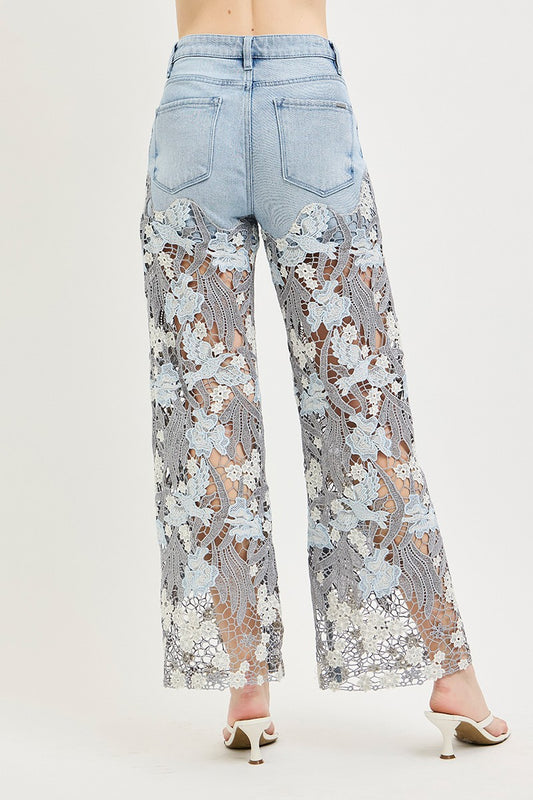 High Rise Wide Patchwork Lace Panel Jeans