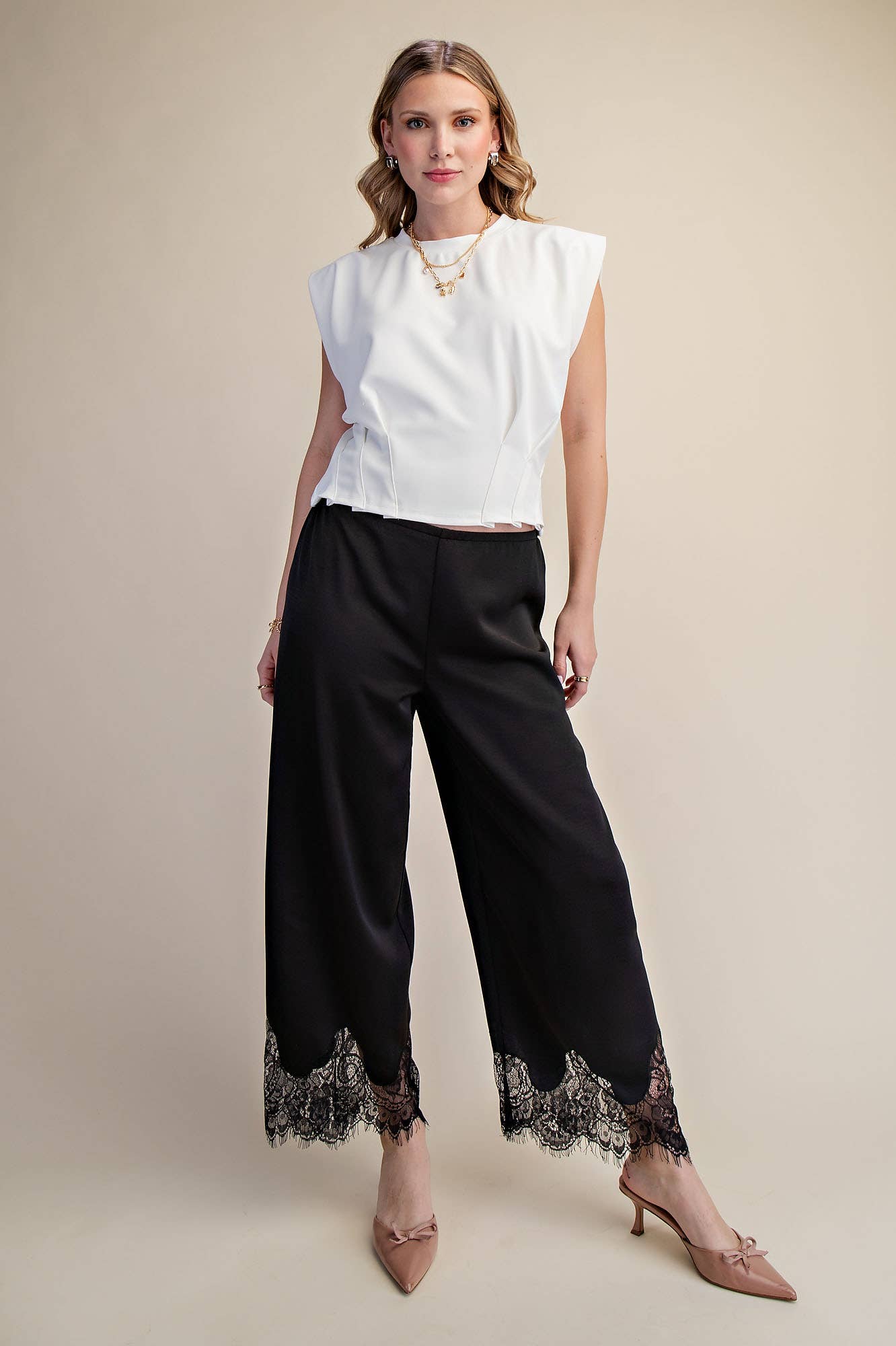 Glam - Mid Rise Cropped Lace Trim Pants