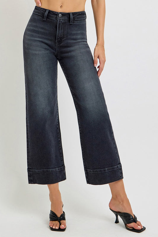 High Rise Crop Wide Jeans in washed black