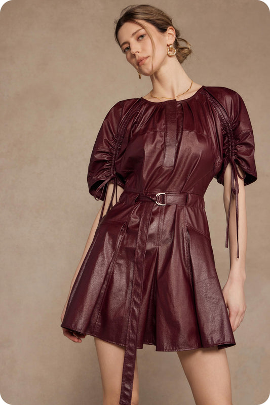 Waist Belt Pleated Faux Leather Mini Dress