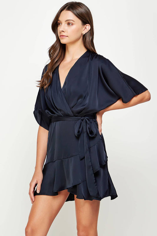 Flared Sleeve Faux Wrap Satin Mini Dress