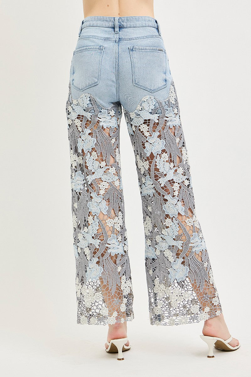 High Rise Wide Patchwork Lace Panel Jeans