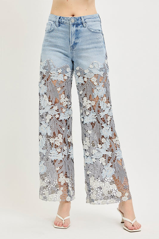 High Rise Wide Patchwork Lace Panel Jeans