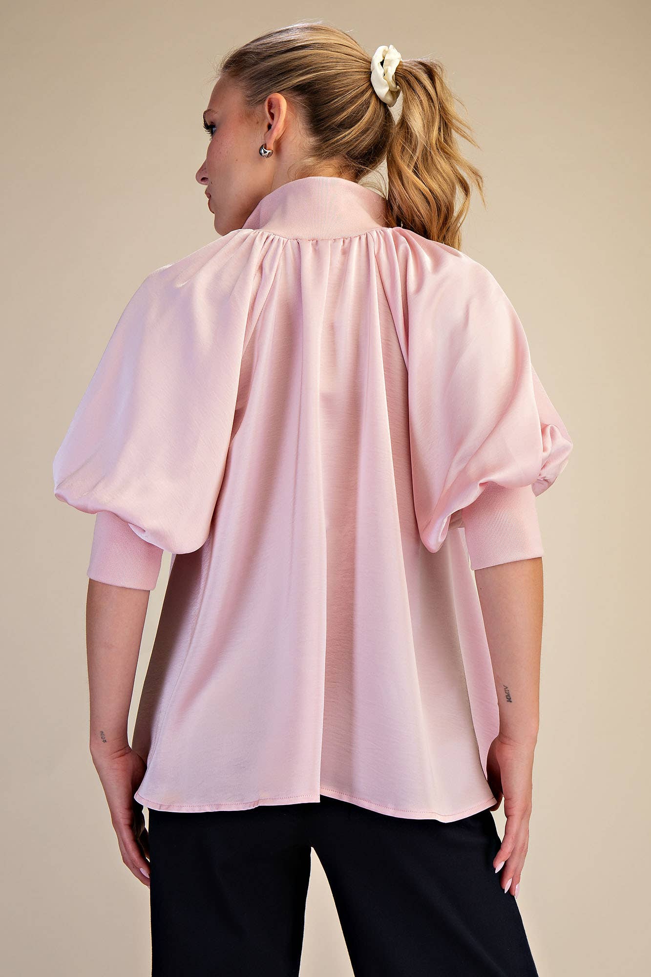 Glam - Mock Neck Band Puff Sleeve Elegance Blouse