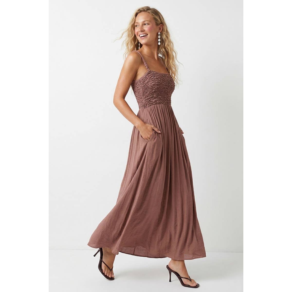 Naked Zebra - Smocked Maxi Dress With Cord Strap Detail