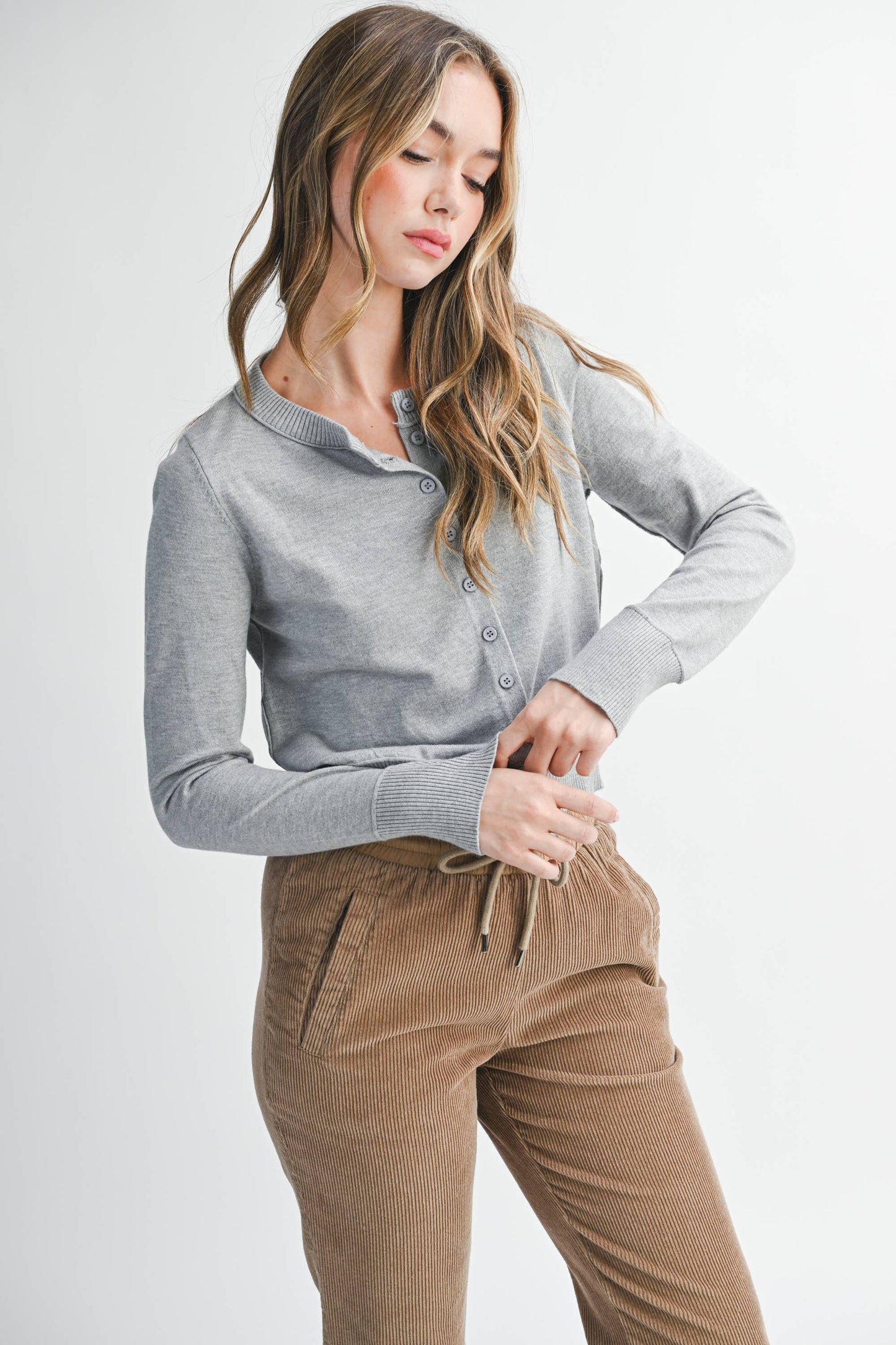 AEMI + CO - 5176GN Ribbed Button-Up Knit Cardigan