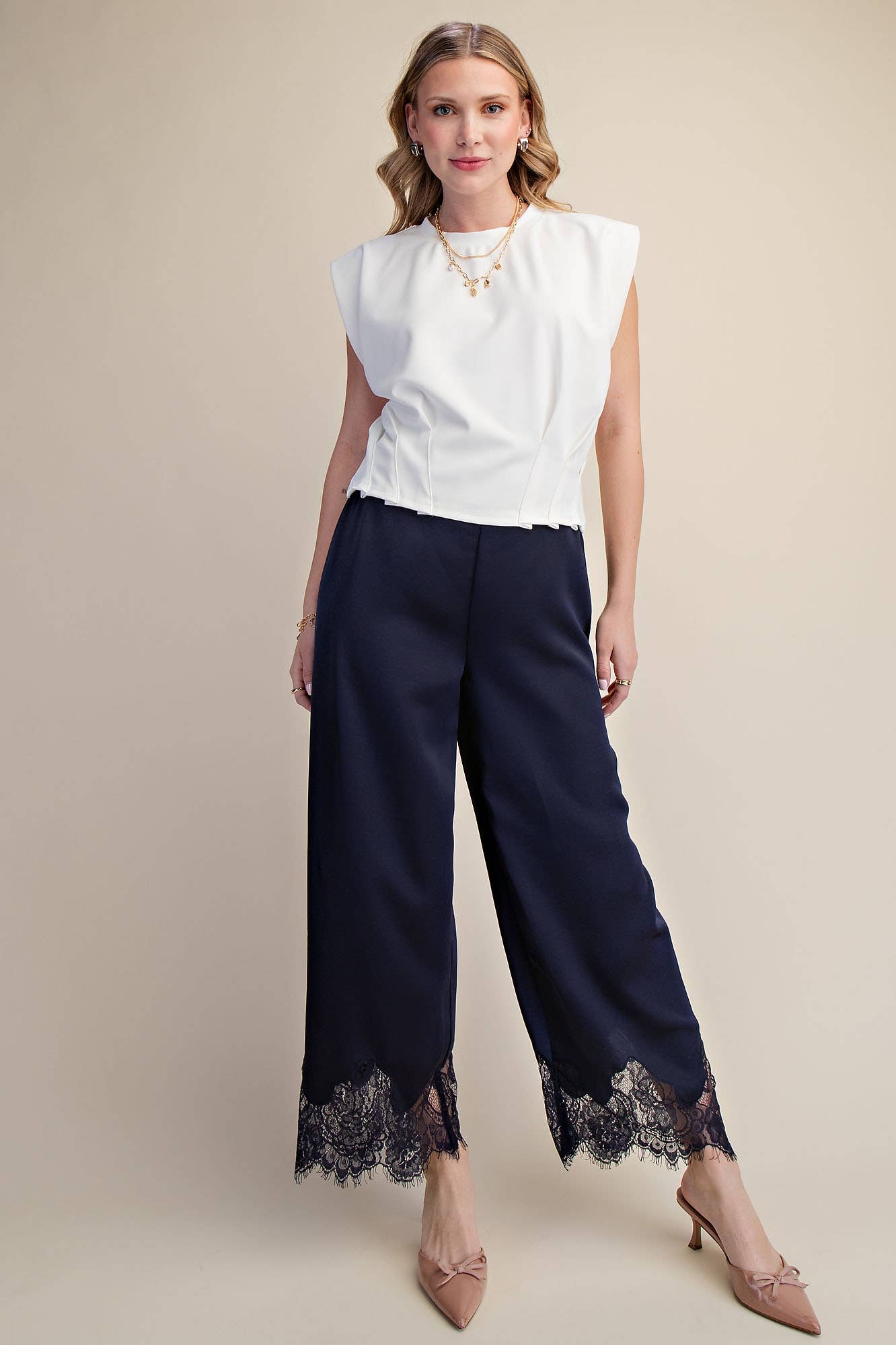 Glam - Mid Rise Cropped Lace Trim Pants
