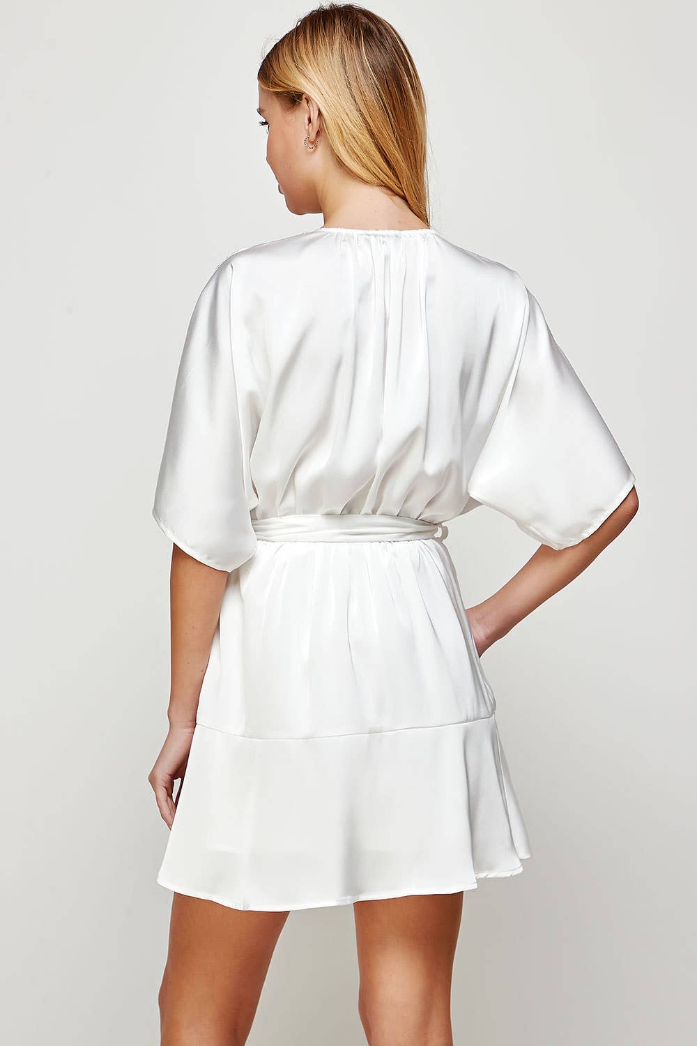 Flared Sleeve Faux Wrap Satin Mini Dress