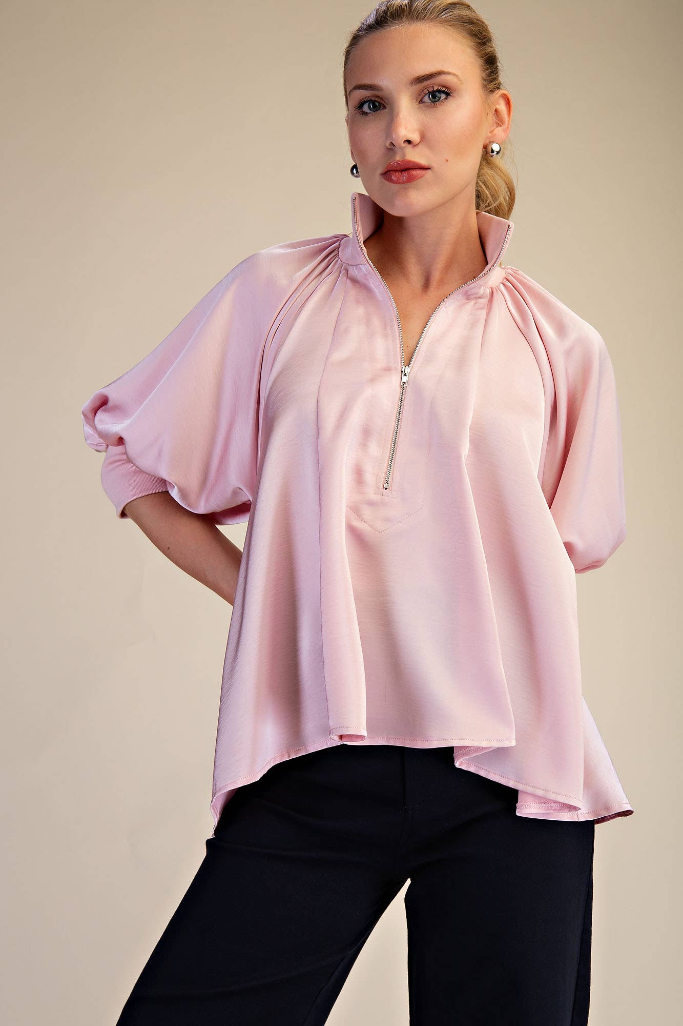 Glam - Mock Neck Band Puff Sleeve Elegance Blouse